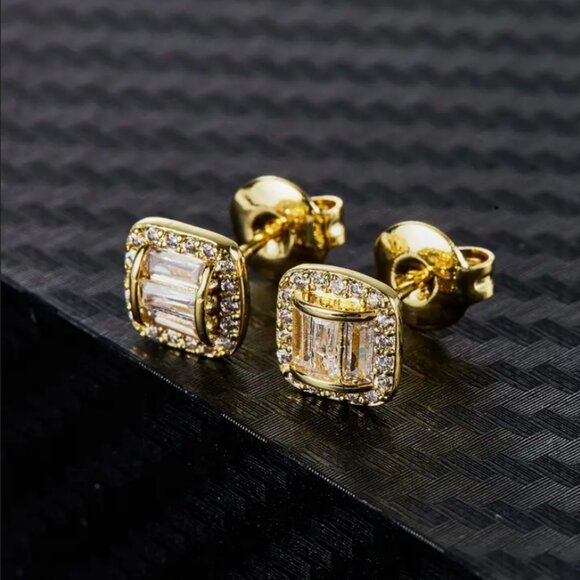 18K Gold Mens 2ct Diamond Square Stud Earrings Guys 18 Karat 2 ct Silver Studs - Picture 1 of 8